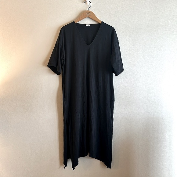 Skin Organic Cecile Pima Cotton Dress Black Oversized V Neck Womens Size 2 - Picture 5 of 12